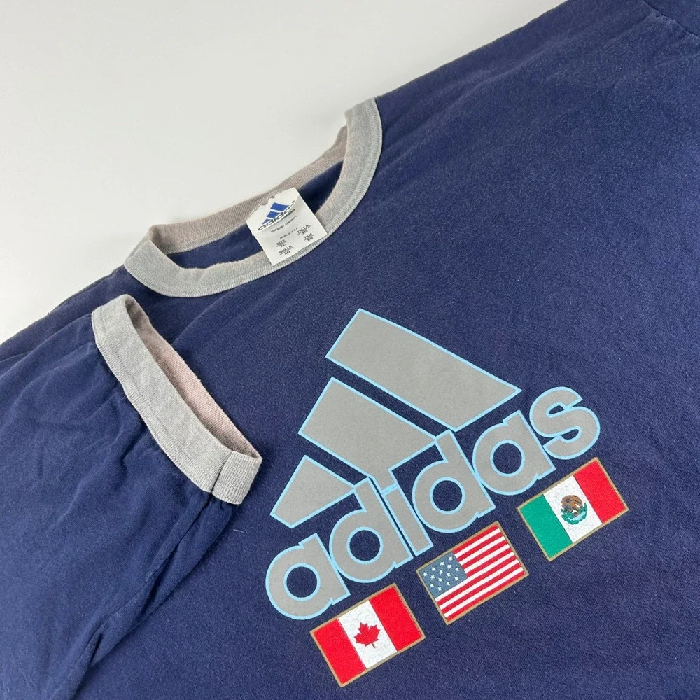 Adidas Mens XL VTG Ringer T-Shirt Navy Blue North America Flags Made in USA